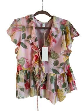 Joie Women’s Floral Ruffle Tie Cardigan Top Pink Feminine M NWT Short Sleeve